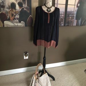 Boho, flowing navy and rust coloured blouse